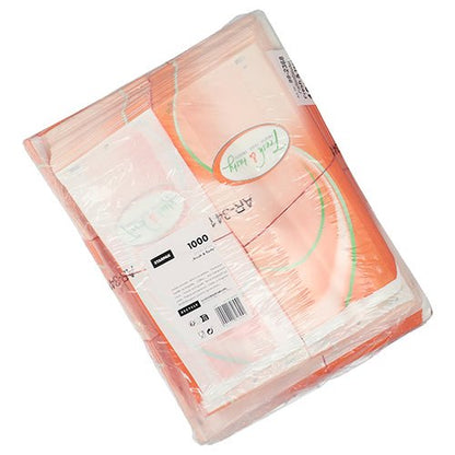 Een luchtdichte krimpfolie-verpakking van Starpak bevat 1.000 witte zichtstripzakken (33x16x8,7 cm) met de opdruk 'Fresh & Tasty'. Productinformatie en barcode zijn aan de buitenkant zichtbaar.