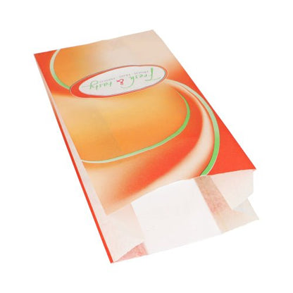 Een Starpak 1000 zichtstripzakken (33x16x8,7 cm) in wit met 'Fresh & Tasty'-ontwerp ligt plat en open op een witte achtergrond, ideaal voor voedselopslag. Uit krimpfolie. Verpakking bevat 1000 zakken.