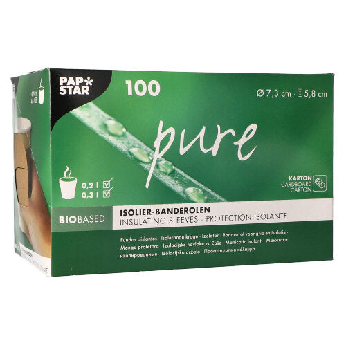 Een groen-witte dispenserdoos van PAPSTAR GmbH bevat 100 "pure" bruine banderollen voor hete drankbekers (Ø 7,3 cm), met productinformatie en symbolen op de verpakking.