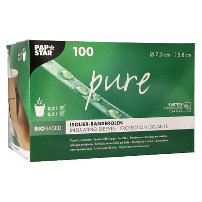 Een groen-witte dispenserdoos van PAPSTAR GmbH bevat 100 "pure" bruine banderollen voor hete drankbekers (Ø 7,3 cm), met productinformatie en symbolen op de verpakking.