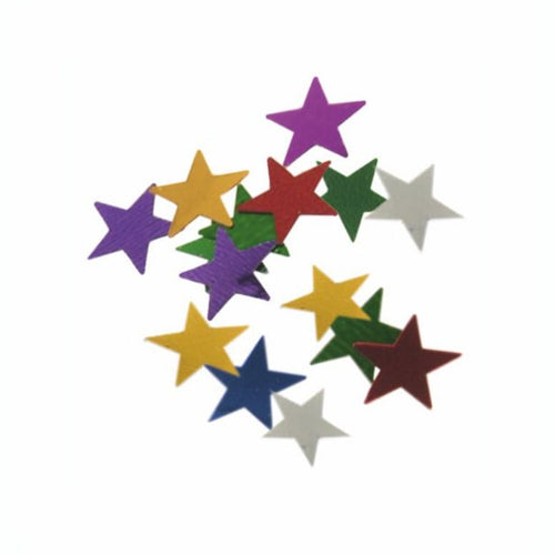 De kleurrijke PAPSTAR deco-strooiversiering "Stars" (gekleurde folie Ø 1 cm, 20 g) van de PAPSTAR GmbH zet kleurrijke accenten als tafeldecoratie op een witte ondergrond.
