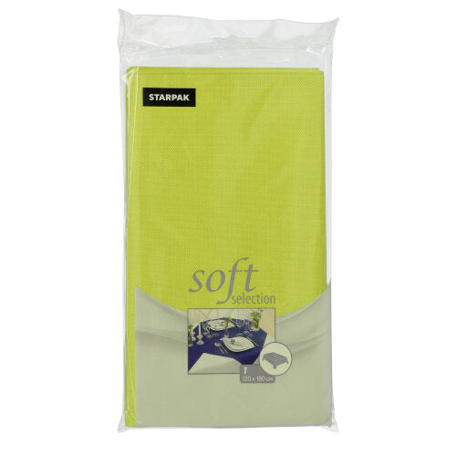 Die lindgrüne Starpak-Tischdecke „Soft Selection“ aus stoffähnlichem Vlies (120 x 180 cm) wird zusammen mit einem gedeckten Esstisch geliefert.