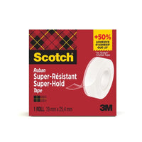 Een doos Scotch® Super-Hold Secure Tape (1 rol, 19 mm x 25,4 m) van 3M Deutschland GmbH bevat transparante plakband voor transparante verlijmingen, verpakt in een rode verpakking met een geel-zwart ruitjespatroon en informatie in het Engels en het Frans.