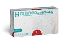 Eine rechteckige Schachtel MANEO Nitril-Handschuhe, hygienisch und strapazierfähig der ARNOWA GmbH in der Größe small zeigt ein blau-weißes Design mit Produktangaben und der Abbildung einer behandschuhten Hand auf der Vorderseite.