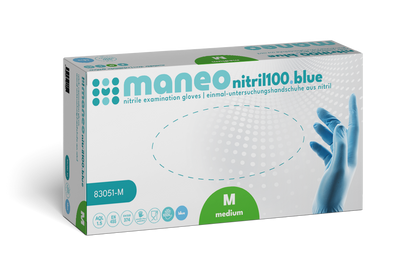 Eine rechteckige Schachtel MANEO Nitril-Handschuhe, hygienisch und strapazierfähig von ARNOWA GmbH. Mittlere Größe, in einer weißen Schachtel mit blauen und grünen Akzenten, mit einer behandschuhten Hand und Text in Englisch und Deutsch.