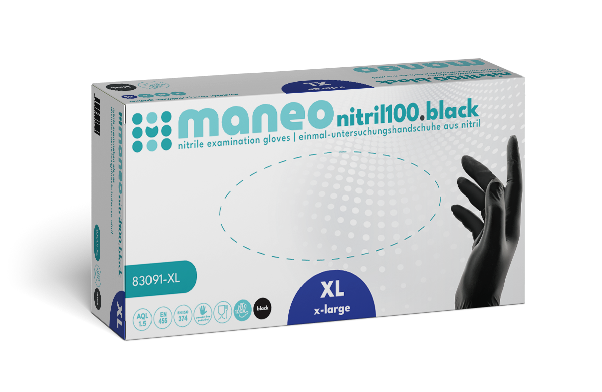 Eine rechteckige Schachtel der ARNOWA GmbH MANEO Nitril-Handschuhe, hygienisch und strapazierfähig, Größe XL. Die überwiegend weiße Verpackung mit blaugrünen und schwarzen Akzenten zeigt eine Hand in einem schwarzen Handschuh und Icons der wichtigsten Merkmale.