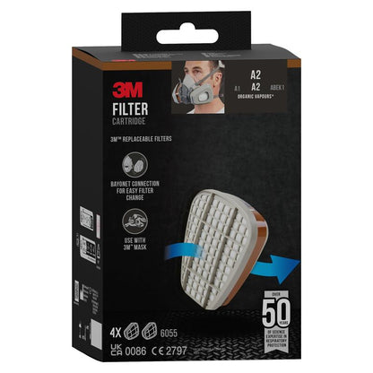 Een doos van de 3M™ Filterpatroon 6055, A2 Organische Damp van 3M Deutschland GmbH toont de foto van een persoon met ademhalingsbescherming evenals productdetails, compatibiliteitsinformatie en een opvallende branding op zwarte achtergrond.
