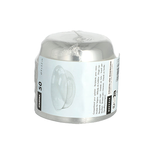 Une pile de 50 inserts ronds en PET Starpak « Hurricane » (Ø 9 cm, 2,2 cm) dans un film transparent avec une étiquette blanche. Idéal comme inserts jetables ou PET pour de nombreuses occasions. Marque : Starpak.