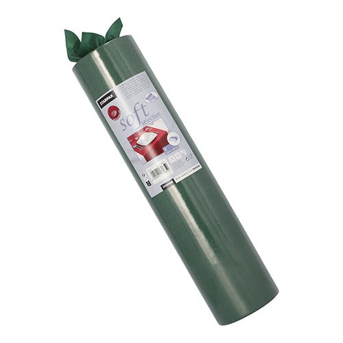 Een opgerolde groene Starpak tafelloper, stofachtig vlies „soft selection“ (24 m x 40 cm), met een etiket met productinformatie en een rode auto-afbeelding, is cilindrisch verpakt, waarbij bovenaan wat materiaal uitsteekt.