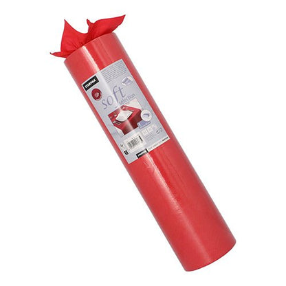 Een rol Starpak tafelloper, stofachtig vlies „soft selection“ (24 m x 40 cm), staat rechtop. Op het etiket staan productinformatie en ingepakte cadeaus afgebeeld, terwijl de zachte loper bovenaan gedeeltelijk is afgerold.