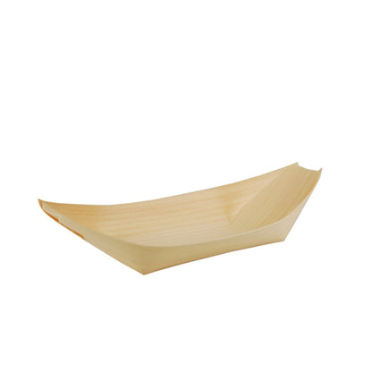 De 50 Fingerfood-schalen, hout „pure“ „bootjes“-dienblad van de PAPSTAR GmbH is een klein, leeg houten dienblad met verhoogde hoeken, ideaal voor het duurzaam serveren van fingerfood, afgebeeld voor een eenvoudige witte achtergrond.