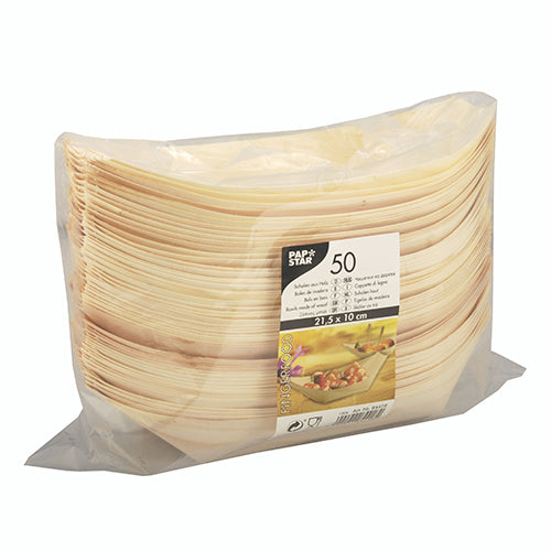Een verzegelde verpakking met 50 ovale PAPSTAR houten „pure“ bootjes-borden (21,5 x 10 cm) van milieuvriendelijk lichtgewicht hout toont het merk, de hoeveelheid en grootte van de PAPSTAR GmbH – ideaal voor het serveren van fingerfood bij elke gelegenheid.