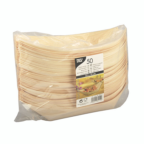 Een transparante kunststofverpakking van de PAPSTAR GmbH bevat 50 Fingerfood-schalen (bootjes) van hout, elk rechthoekig en voor eenmalig gebruik. Het etiket aan de voorkant toont productdetails en een afbeelding van fingerfood op een bord.