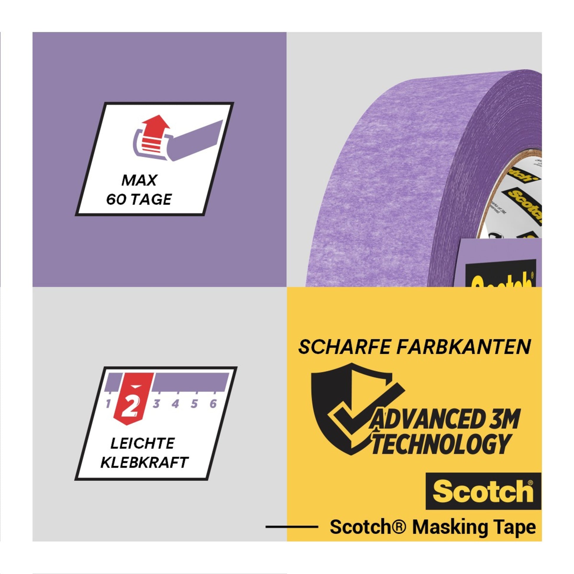 Eine Rolle Scotch® Malerabdeckband für empfindliche Oberflächen (36 mm x 41 m) von 3M Deutschland GmbH wird mit Icons und Text zu 60 Tagen Nutzung, leichtem Kleber, sauberen Farbkanten und fortschrittlicher 3M-Technologie auf Deutsch gezeigt.