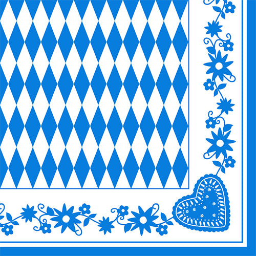 Les serviettes PAPSTAR 1/4 pli, 40x40 cm, Bayrisch Blau (3 plis) présentent un motif à losanges bleu et blanc avec des bordures de fleurs bleues et un motif de cœur. Disponible en paquet de 50 chez PAPSTAR GmbH.