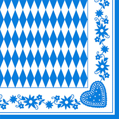 Les serviettes PAPSTAR 1/4 pli, 40x40 cm, Bayrisch Blau (3 plis) présentent un motif à losanges bleu et blanc avec des bordures de fleurs bleues et un motif de cœur. Disponible en paquet de 50 chez PAPSTAR GmbH.