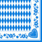 Les serviettes PAPSTAR 1/4 pli, 40x40 cm, Bayrisch Blau (3 plis) présentent un motif à losanges bleu et blanc avec des bordures de fleurs bleues et un motif de cœur. Disponible en paquet de 50 chez PAPSTAR GmbH.