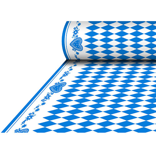 La nappe PAPSTAR Airlaid, Bleu Bavarois (25 m x 1,18 m), présente un motif en losanges bleu et blanc avec des bordures de cœurs et de fleurs bleus ; livrée en rouleau sous film rétractable de PAPSTAR GmbH.