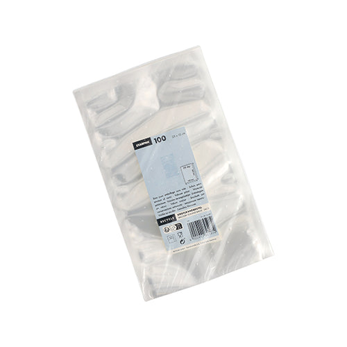 Un sac clair Starpak 100 à bord scellé (40 x 30 cm, PA/PE transparent) est représenté sur un fond blanc. L'emballage contient la marque Starpak, une étiquette rectangulaire d'informations sur le produit et un code-barres.