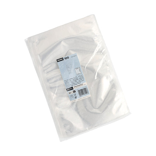 Sacs Starpak 100 à bord scellé, PA/PE transparent (40 x 30 cm) dans un emballage plastique transparent, scellé avec une étiquette Starpak bleu-blanc indiquant la marque, la quantité et le code-barres.