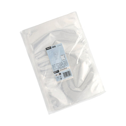 Sacs Starpak 100 à bord scellé, PA/PE transparent (40 x 30 cm) dans un emballage plastique transparent, scellé avec une étiquette Starpak bleu-blanc indiquant la marque, la quantité et le code-barres.
