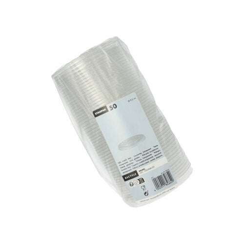 Een verpakking met 50 ronde, doorzichtige Starpak 'Hurricane'-wegwerpbekers van PET, verpakt in plastic folie en voorzien van een etiket met hoeveelheid en productinformatie.