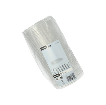 Een verpakking met 50 ronde, doorzichtige Starpak 'Hurricane'-wegwerpbekers van PET, verpakt in plastic folie en voorzien van een etiket met hoeveelheid en productinformatie.