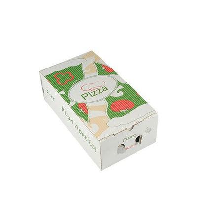 De 100 pizzadozen 'pure' vierkant van PAPSTAR GmbH zijn gesloten rechthoekige dozen van milieuvriendelijke cellulose met een groen-rood-beige pizza-design met pizzastukken en tomaten op een witte achtergrond.