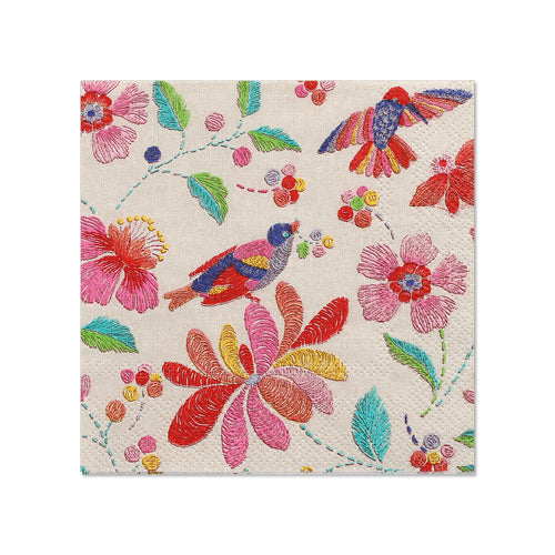 PAPSTAR 20 serviettes, 25x25 cm, 3 plis de la société PAPSTAR GmbH : Serviettes colorées avec motif d'oiseau et de fleurs brodé en rouge, rose, vert, jaune et bleu sur fond clair – idéales pour une décoration de table élégante.