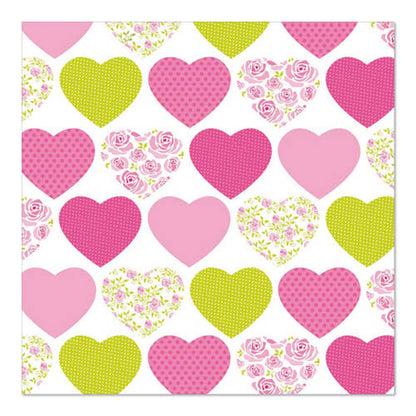 Un joli motif en rangée de cœurs roses et jaunes - parfois unis, parfois avec des points ou des fleurs - orne le PAPSTAR GmbH 20 serviettes, 33 cm x 33 cm, 3 plis, design 1/4 pli Set 1 sur fond blanc.