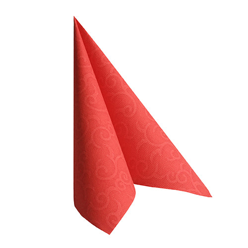 Une PAPSTAR 50 serviettes "ROYAL Collection" 1/4 pli 40 x 40 cm rouge de PAPSTAR GmbH est dressée debout, pliée en une forme triangulaire en tente avec un design en spirale discret - idéale comme serviettes de haute qualité pour toute occasion.