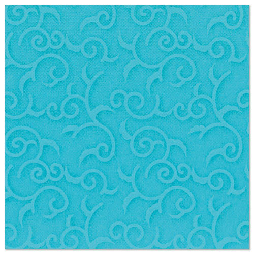 De PAPSTAR GmbH 50 servetten "ROYAL Collection" 1/4-vouw 40 x 40 cm turquoise zijn vierkante turquoise servetten met een geperst wervel- en rankenpatroon dat het oppervlak gelijkmatig bedekt.