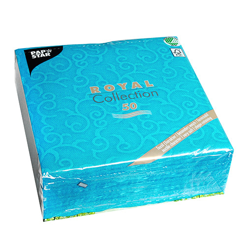 50-pack turquoise PAPSTAR servetten "ROYAL Collection" (40 x 40 cm, 1/4-vouw) van de PAPSTAR GmbH, met subtiel wervelpatroon en milieuvriendelijke, FSC-gecertificeerde verpakking.