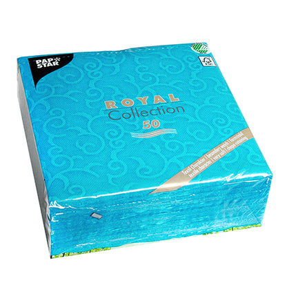 50-pack turquoise PAPSTAR servetten "ROYAL Collection" (40 x 40 cm, 1/4-vouw) van de PAPSTAR GmbH, met subtiel wervelpatroon en milieuvriendelijke, FSC-gecertificeerde verpakking.