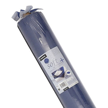 Une nappe enroulée, bleue, ressemblant à du tissu avec une étiquette portant l'inscription "Starpak", le nom "nappe, ressemblant à du tissu, non-tissé 'soft selection plus'" et l'image d'une table dressée.