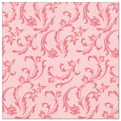 Un tissu carré avec un fond rose clair et des motifs de fleurs en rose plus foncé, rappelant les élégantes PAPSTAR 50 serviettes "ROYAL Collection" 1/4 pli 40 x 40 cm rouge de PAPSTAR GmbH, rehausse toute table dressée.