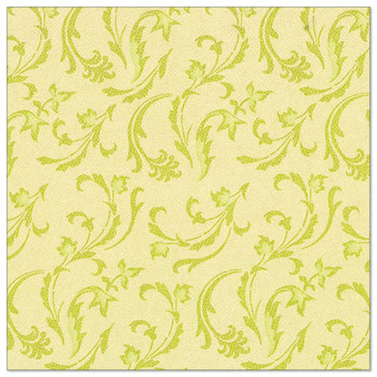 Hellgelbe Servietten mit einem sich wiederholenden grünen Blattranken- und Blumenmuster, inspiriert von den 50 Servietten "ROYAL Collection" 1/4-Falz 40 x 40 cm grün der PAPSTAR GmbH, bieten eine elegante dekorative Note.