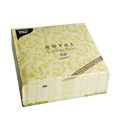 Eine Packung mit 50 grünen PAPSTAR-Servietten "ROYAL Collection" (40 x 40 cm, 1/4-Faltung), ideal für festliche Anlässe. Die Verpackung zeigt das schwarze PAPSTAR-Logo in der oberen linken Ecke. Marke: PAPSTAR GmbH.