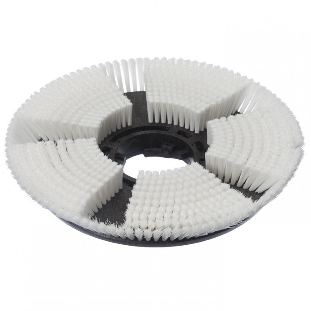 Brosse à shampooing à sec Diversey, Ø 43 cm, pour TASKI ergodisc 165 : Brosse ronde en plastique noir avec des poils blancs disposés radialement et une ouverture centrale. Idéal pour le nettoyage des tapis. L'emballage contient 1 pièce.