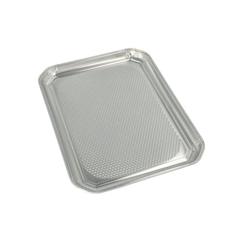 Les plateaux de service Starpak 5, en aluminium rectangulaire 35 cm x 26 cm, sont des plateaux en aluminium rectangulaires avec un bord légèrement surélevé et un dessous structuré, idéaux pour la restauration, emballés de manière hygiénique sous film rétractable.