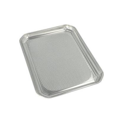 Les plateaux de service Starpak 5, en aluminium rectangulaire 35 cm x 26 cm, sont des plateaux en aluminium rectangulaires avec un bord légèrement surélevé et un dessous structuré, idéaux pour la restauration, emballés de manière hygiénique sous film rétractable.