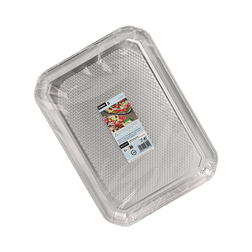 Les plateaux de service Starpak 5, en aluminium rectangulaire 35 cm x 26 cm, sont des plats jetables rectangulaires en aluminium, emballés de manière hygiénique sous film rétractable avec une étiquette alimentaire centrée, parfaits pour la restauration professionnelle. (5 pièces).