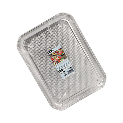 Les plateaux de service Starpak 5, en aluminium rectangulaire 35 cm x 26 cm, sont des plats jetables rectangulaires en aluminium, emballés de manière hygiénique sous film rétractable avec une étiquette alimentaire centrée, parfaits pour la restauration professionnelle. (5 pièces).