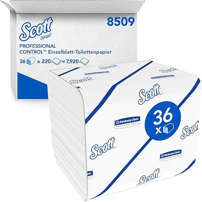 Scott® Control™ toiletpapier van Kimberly-Clark GmbH, enkelvouwsysteem, wit, 36 pakjes van 220 vel per doos.