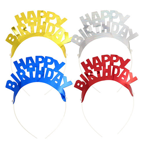 Ensemble de 4 serre-têtes en plastique « Métallique » de la PAPSTAR GmbH avec l'inscription « HAPPY BIRTHDAY » en jaune, argent, bleu et rouge – idéal pour les fêtes. Disposés en deux rangées. Nom du produit : PAPSTAR 4 serre-têtes colorés assortis « Métallique ».
