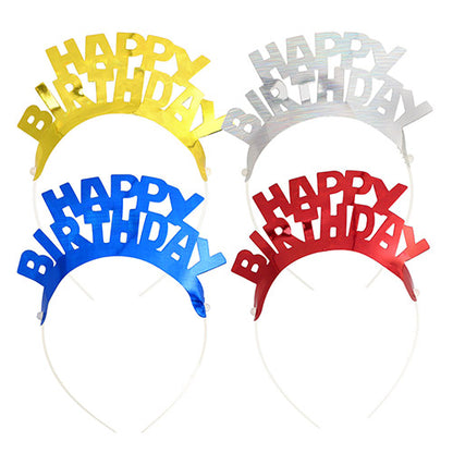 Ensemble de 4 serre-têtes en plastique « Métallique » de la PAPSTAR GmbH avec l'inscription « HAPPY BIRTHDAY » en jaune, argent, bleu et rouge – idéal pour les fêtes. Disposés en deux rangées. Nom du produit : PAPSTAR 4 serre-têtes colorés assortis « Métallique ».
