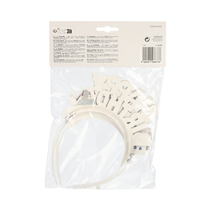 Un paquet PAPSTAR 4 serre-têtes colorés assortis « Métallique » de la PAPSTAR GmbH, vu de dos. Les serre-têtes métalliques colorés sont visibles à travers le film transparent, en haut se trouvent le texte de l'emballage et le code-barres – idéal pour les fêtes.