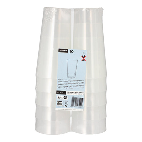 Le produit « Starpak 10 Mehrweg-Trinkbecher » de la marque Starpak présente dix gobelets empilables et durables en plastique transparent dans un emballage écologique avec une étiquette bleu-blanc disposée debout.