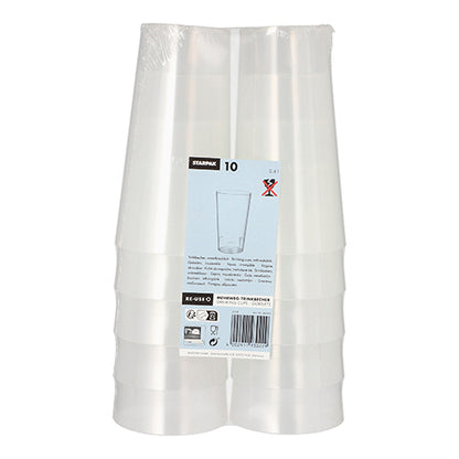 Le produit « Starpak 10 Mehrweg-Trinkbecher » de la marque Starpak présente dix gobelets empilables et durables en plastique transparent dans un emballage écologique avec une étiquette bleu-blanc disposée debout.