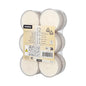 Un emballage en plastique transparent contenant 12 bougies chauffe-plat Starpak Maxi (Ø 55 mm, 20 mm, blanc) avec environ 8 heures de combustion, chacune dans un support en polycarbonate. L'étiquette montre la marque, les détails du produit, les symboles d'application, les consignes de sécurité et un code-barres.